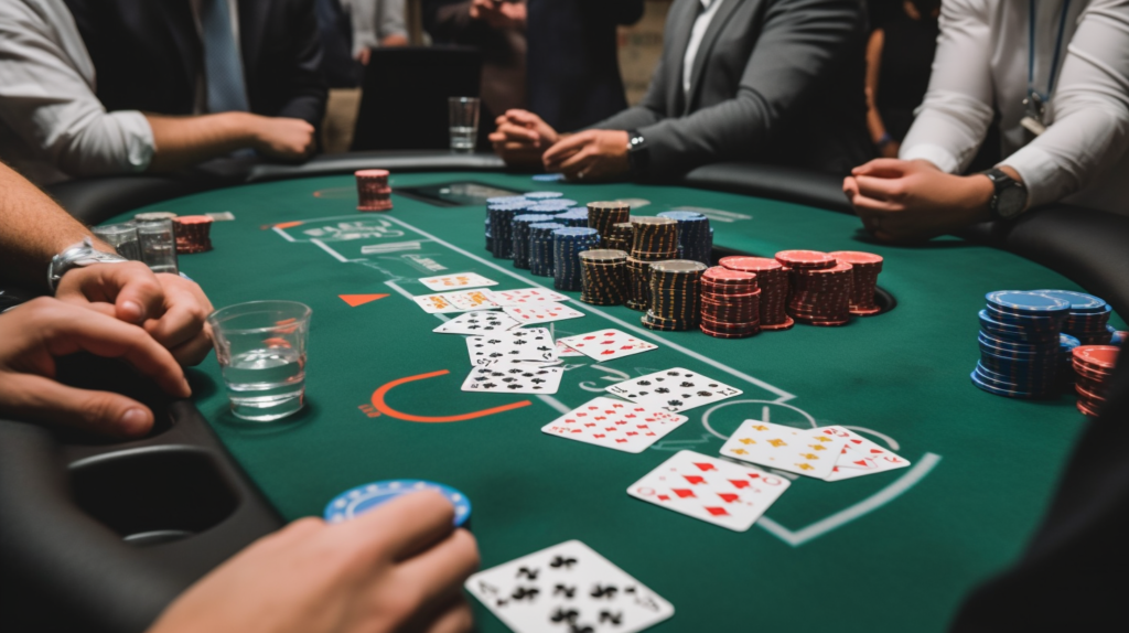 About Us A poker table with player and Chips